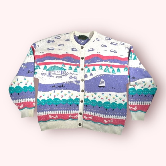Vintage 90s Northern Reflections Pink Purple Duck Lake Nature Scene Cardigan XL - Picture 1 of 11